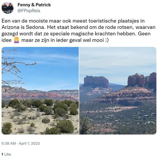 Een van de mooiste maar ook meest toeristische plaatsjes in Arizona is Sedona. Het staat bekend om de rode rotsen, waarvan gezegd wordt dat ze speciale magische krachten hebben. Geen idee ????? maar ze zijn in ieder geval wel mooi ;) https://t.co/7STIoQostD
