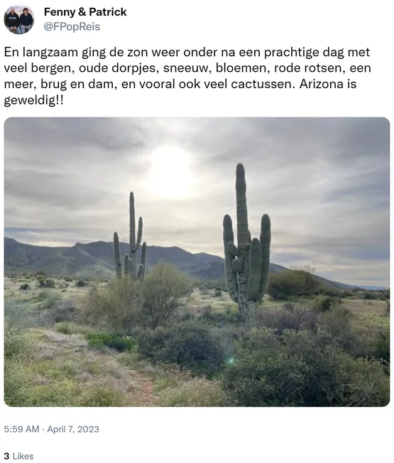 En langzaam ging de zon weer onder na een prachtige dag met veel bergen, oude dorpjes, sneeuw, bloemen, rode rotsen, een meer, brug en dam, en vooral ook veel cactussen. Arizona is geweldig!! https://t.co/WyfqQsOz4L 