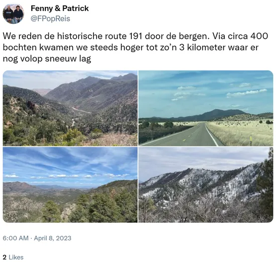 We reden de historische route 191 door de bergen. Via circa 400 bochten kwamen we steeds hoger tot zo’n 3 kilometer waar er nog volop sneeuw lag https://t.co/kwUbJkD7mw 