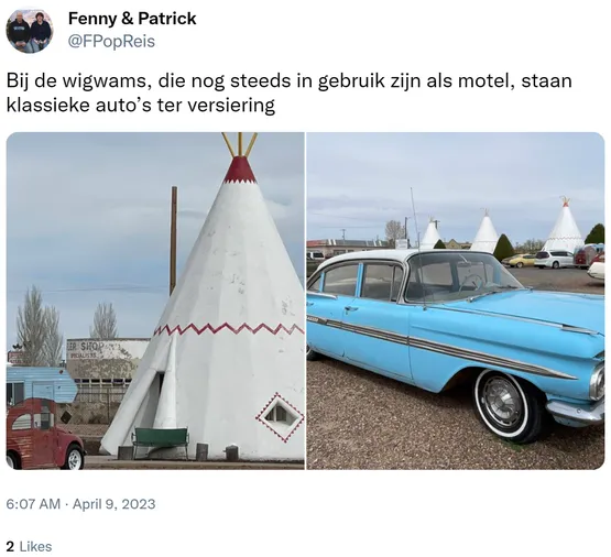 Bij de wigwams, die nog steeds in gebruik zijn als motel, staan klassieke auto’s ter versiering https://t.co/zqdNWDStZz
