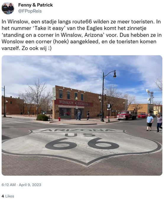 In Winslow, een stadje langs route66 wilden ze meer toeristen. In het nummer ‘Take it easy’ van the Eagles komt het zinnetje ‘standing on a corner in Winslow, Arizona’ voor. Dus hebben ze in Wonslow een corner (hoek) aangekleed, en de toeristen komen vanzelf. Zo ook wij ;) https://t.co/9KoBbfZzk9 