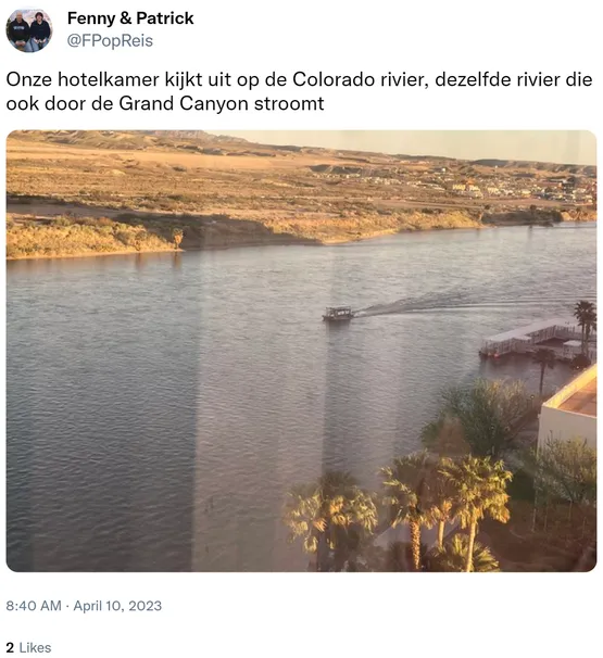 Onze hotelkamer kijkt uit op de Colorado rivier, dezelfde rivier die ook door de Grand Canyon stroomt https://t.co/onnhvVY3GH
