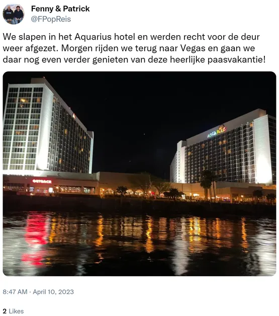 We slapen in het Aquarius hotel en werden recht voor de deur weer afgezet. Morgen rijden we terug naar Vegas en gaan we daar nog even verder genieten van deze heerlijke paasvakantie! https://t.co/kJNDuyk7mY
