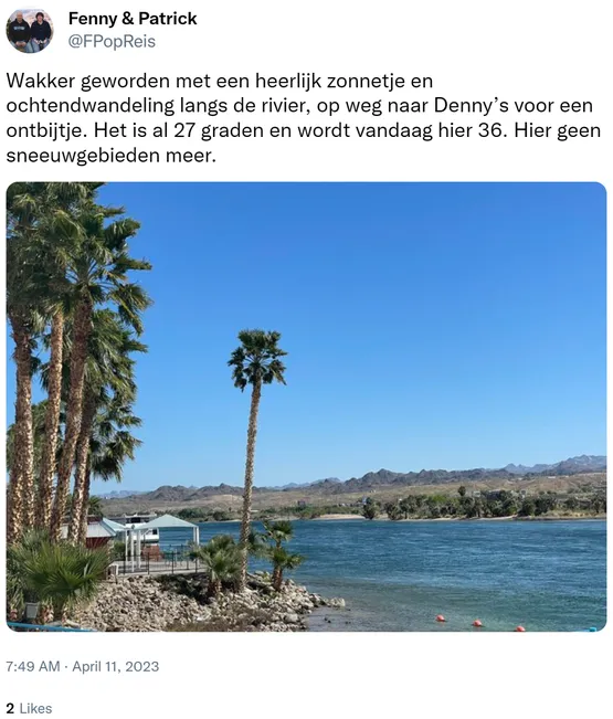 Wakker geworden met een heerlijk zonnetje en ochtendwandeling langs de rivier, op weg naar Denny’s voor een ontbijtje. Het is al 27 graden en wordt vandaag hier 36. Hier geen sneeuwgebieden meer. https://t.co/AOYGR1g6Rq
