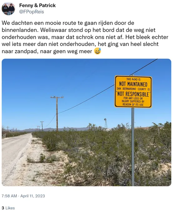 We dachten een mooie route te gaan rijden door de binnenlanden. Weliswaar stond op het bord dat de weg niet onderhouden was, maar dat schrok ons niet af. Het bleek echter wel iets meer dan niet onderhouden, het ging van heel slecht naar zandpad, naar geen weg meer ?? https://t.co/1yI0cgxDjp 