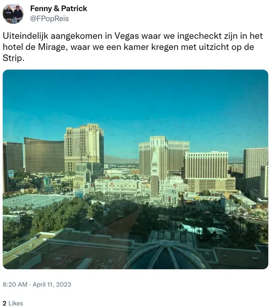 Uiteindelijk aangekomen in Vegas waar we ingecheckt zijn in het hotel de Mirage, waar we een kamer kregen met uitzicht op de Strip. https://t.co/qoS0RLS2c6 