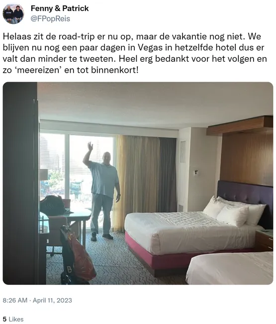 Helaas zit de road-trip er nu op, maar de vakantie nog niet. We blijven nu nog een paar dagen in Vegas in hetzelfde hotel dus er valt dan minder te tweeten. Heel erg bedankt voor het volgen en zo ‘meereizen’ en tot binnenkort! https://t.co/vtKsChEVFe
