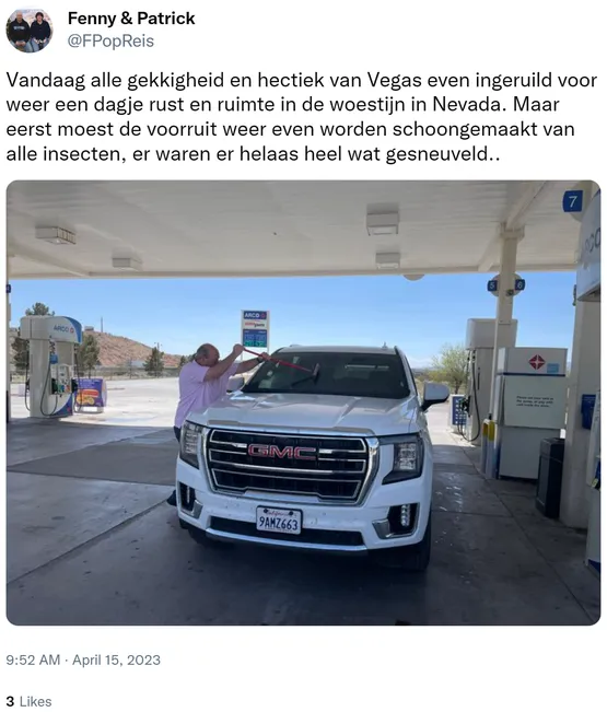 Vandaag alle gekkigheid en hectiek van Vegas even ingeruild voor weer een dagje rust en ruimte in de woestijn in Nevada. Maar eerst moest de voorruit weer even worden schoongemaakt van alle insecten, er waren er helaas heel wat gesneuveld.. https://t.co/gtE0gM501R
