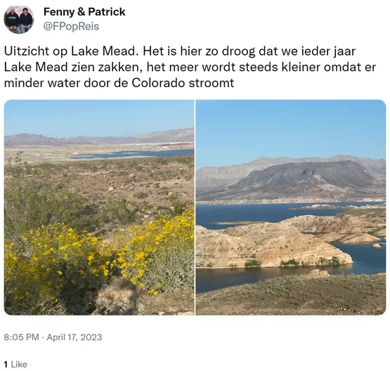 Uitzicht op Lake Mead. Het is hier zo droog dat we ieder jaar Lake Mead zien zakken, het meer wordt steeds kleiner omdat er minder water door de Colorado stroomt https://t.co/7BLfzSpf6l 