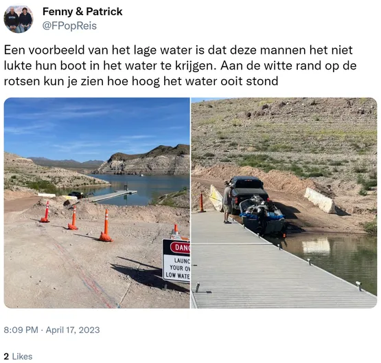 Een voorbeeld van het lage water is dat deze mannen het niet lukte hun boot in het water te krijgen. Aan de witte rand op de rotsen kun je zien hoe hoog het water ooit stond https://t.co/F9eQ9HrCkU 