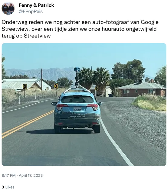 Onderweg reden we nog achter een auto-fotograaf van Google Streetview, over een tijdje zien we onze huurauto ongetwijfeld terug op Streetview https://t.co/1Xc5b3TscW
